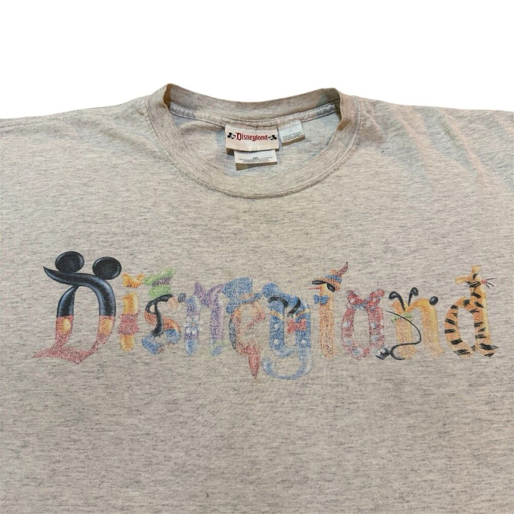Vintage 90’s Disneyland Disney Parks Mens XXL Spell Out Character Grey T Shirt